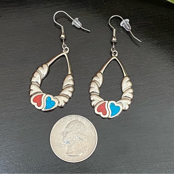 Vintage Signed Yin Yang Hearts Turquoise & Coral Inlay Silver Drop Earrings - Picture 9 of 11